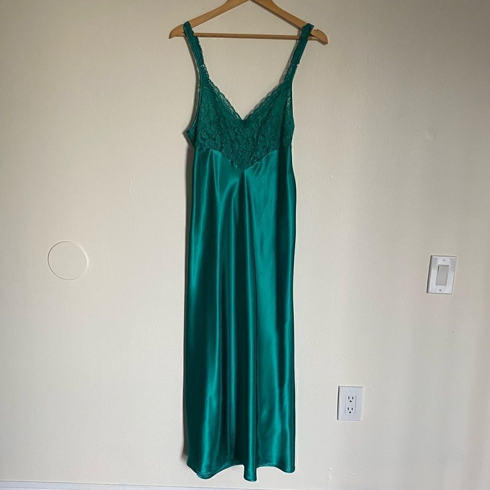 Vintage Morgan Taylor Emerald Green Lace Nightgown Negligee Maxi Dress Size L - Picture 2 of 14